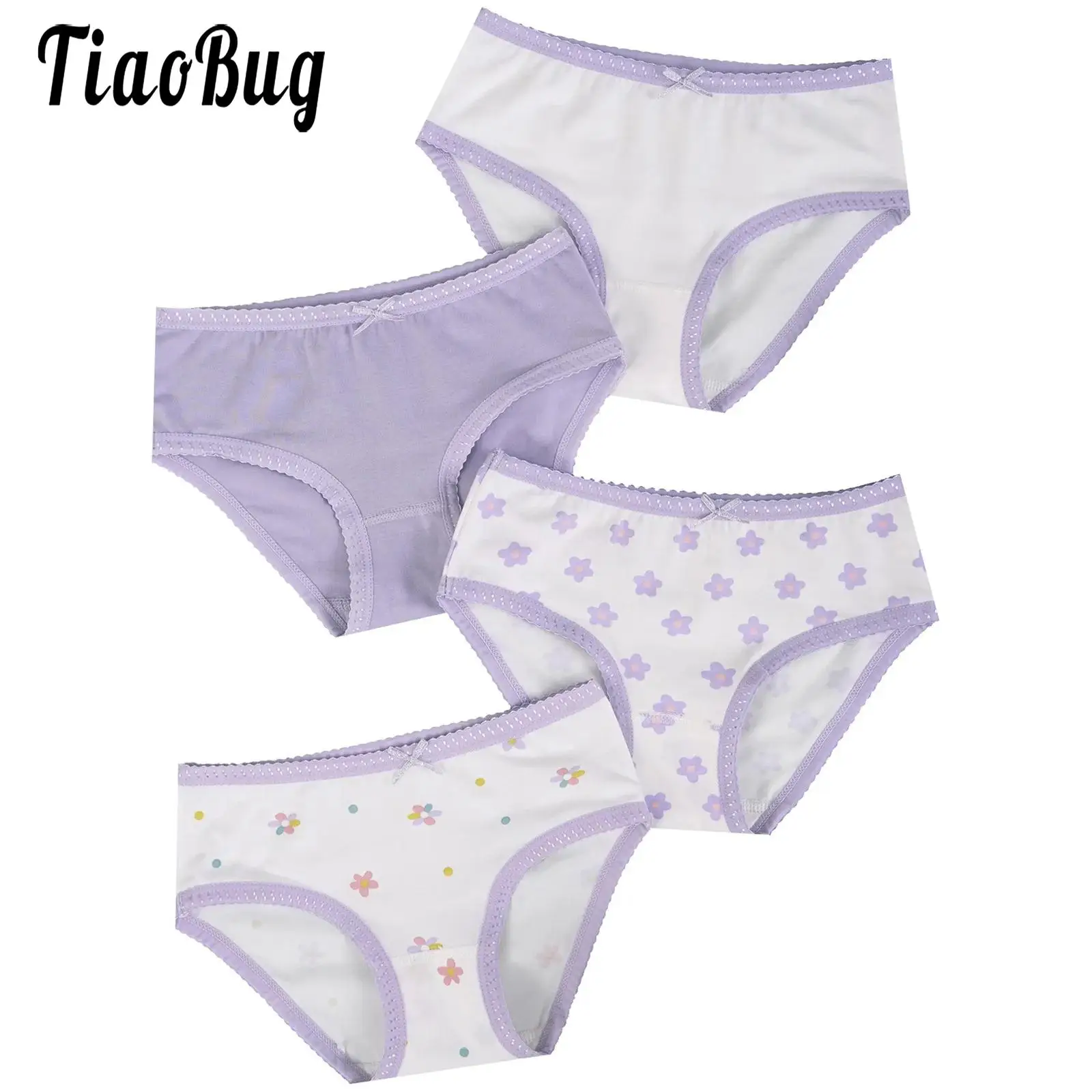 4Pcs/Set Kids Girls Cute Bow Briefs Breathable Underpants Underwear Elastic Waistband Printed Panties Lingerie Bottoms for 2-14Y