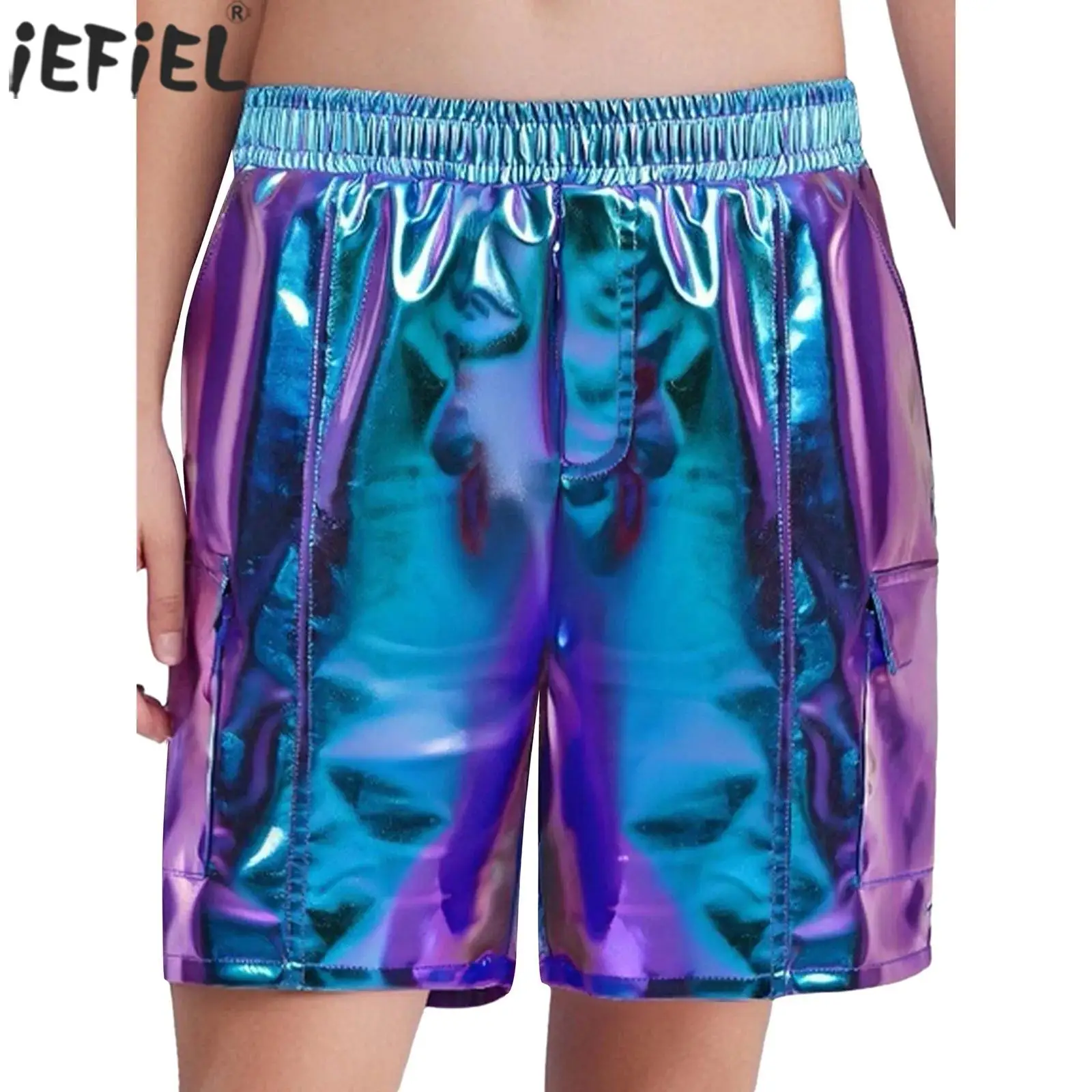 

Детские шорты-карго в стиле хип-хоп для джазовых танцев для девочек, блестящие металлические шорты-карго с эластичным поясом, уличная одежда для школьного шоу, сценическая танцевальная одежда