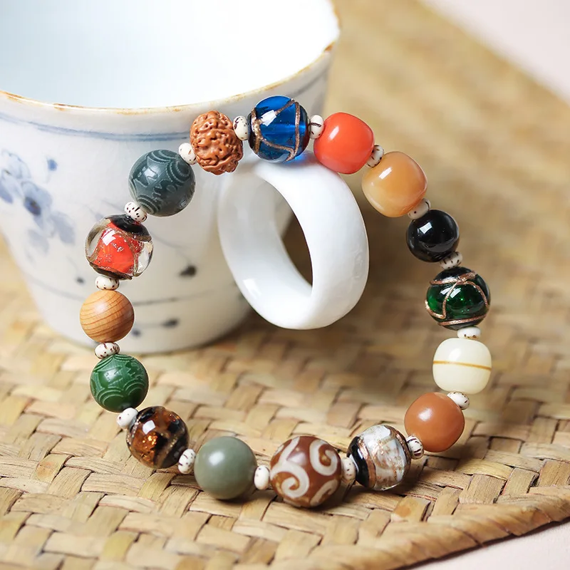 Five Elements Water Wood Metal Fire Earth Bracelet Unisex Incense Ash Glass 18 Beads Multi Gem Bodhi Prayer Strand
