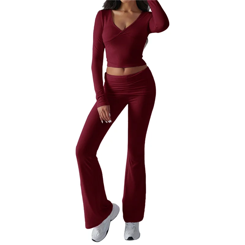 

ABRT-Women's Workout 2 Piece Lounge Sets Long Sleeve Tops Foldover Flare Pants Casual Outfits Tracksuit