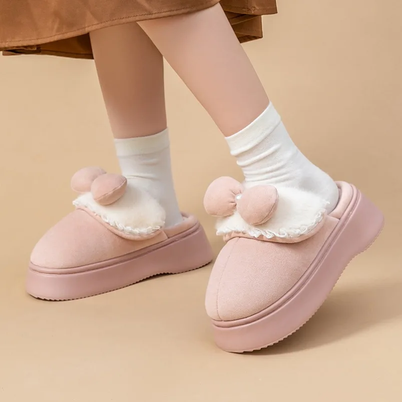 

Fuzzy House Slipper Women Winter Warm Bow Knot Fur Plush Indoor Lazy Female Thermal Furry Room Home Shoe Flat Flip Flop Men