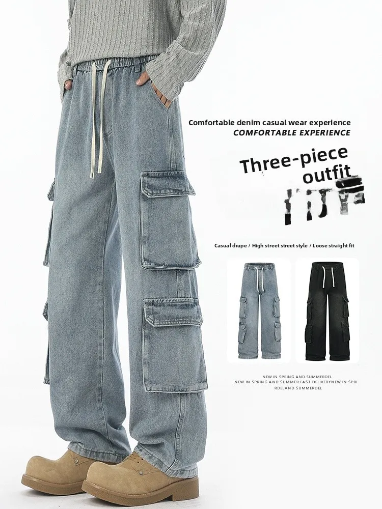 

Мужские джинсы American Sle Workwear, осенне-зимние, свободного кроя, широкие штанины, с поясом, повседневные хлопковые брюки