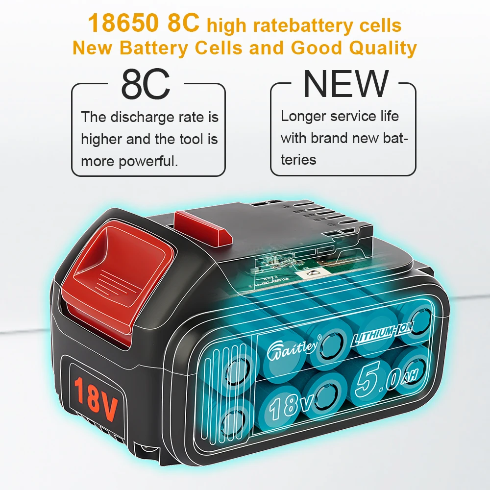 Waitley 18V 5Ah Lithium Battery Compatible with DEWALT power Tools rechargeable electric tool set 20V 18Volt 18 v 5000mAh