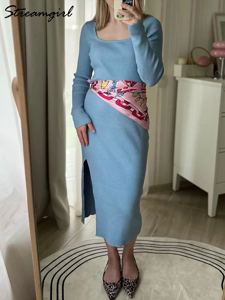 Long Sleeve Slit Dresses For Women Autumn Big Collar Skinny Purple Maxi Dress Office Women Knitted Dresses Long 2024 Khaki