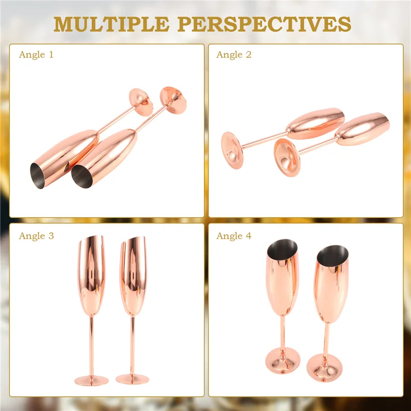 ABXF-مجموعة من 2 كؤوس مزامير نبيذ الشمبانيا المصنوعة من الفولاذ المقاوم للصدأ باللون الذهبي الوردي غير قابلة للكسر ومقاومة للكسر