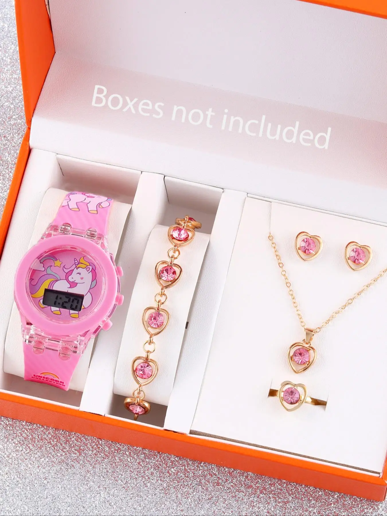 Unicorn children's electronic watch and jewelry set, birthday gift, lights up, does not include the box