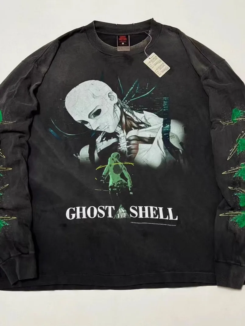 

Saint Mxxxxx Collaborative New Release Ghost in the ell Motive T Anime Print Weathered round Ne Long Sve T-irt
