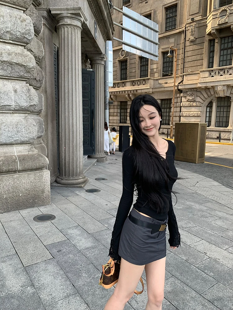 

Bla Lace Sve Slim Fit Top V-Ne Long Sve Женская футболка из смеси полиэстера Spring Faion Облегающее платье обычной длины