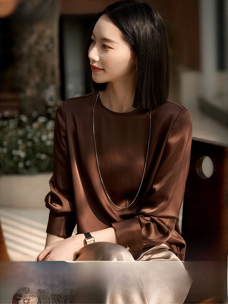 

Элегантная двусторонняя атласная футболка XiaoHanGe с длинным рукавом и круглым вырезом, женская модная новинка весна-лето, прямой крой