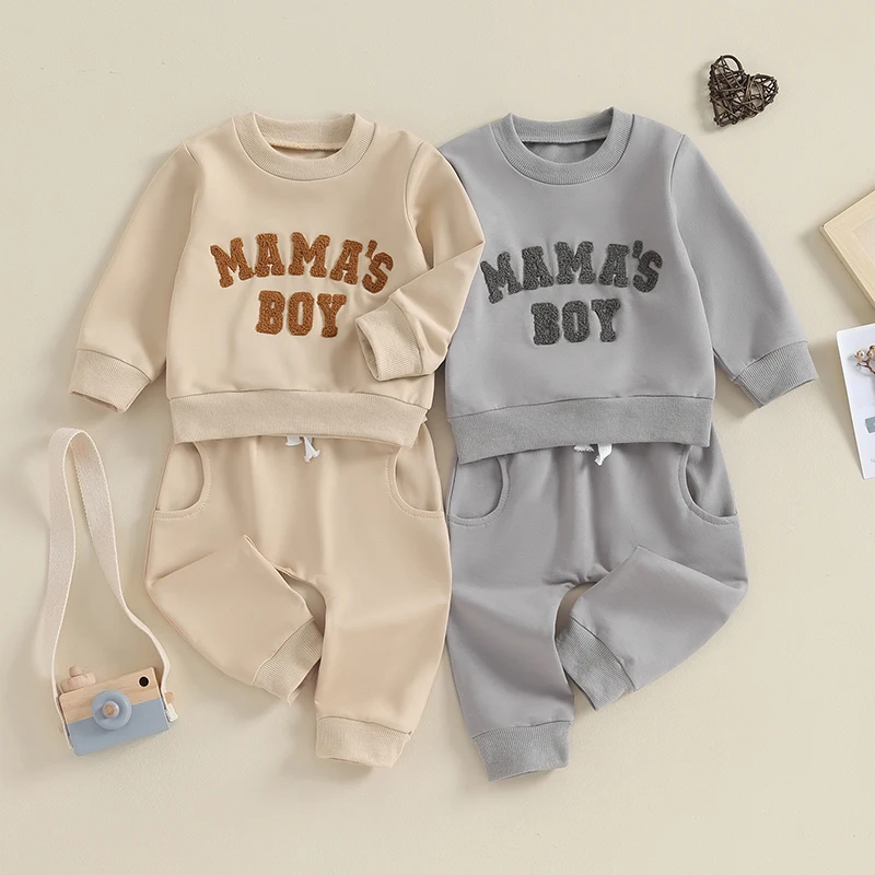 0-36months Baby Boy 2pcs Fall Outfits Long Sleeve Letter Embroidery Pullover + Pocket Pants Set Toddler Boys Clothes Set