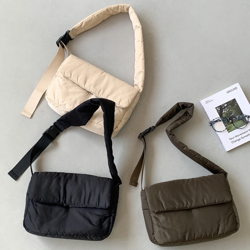 Casual Puffer Messenger Bags For Women Luxury Designer Handbags Purses 2026 New In Polyester Wide Straps Underarm Cloth Shoulder