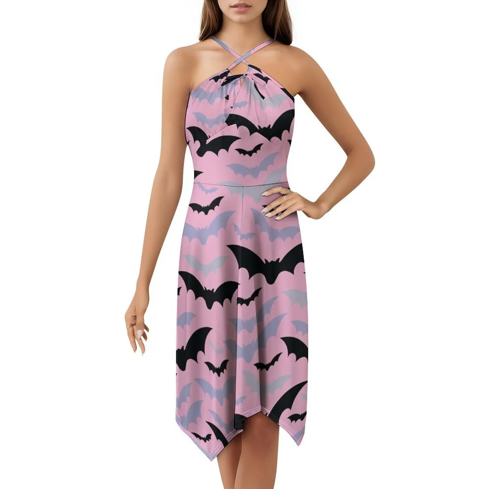 فستان بوهيمي بدون أكمام للنساء مطبوع فساتين حفلات الشاطئ فساتين حفلات الباستيل القوطي الخفافيش القوطي البديل الباستيل الوردي الملابس النسائية