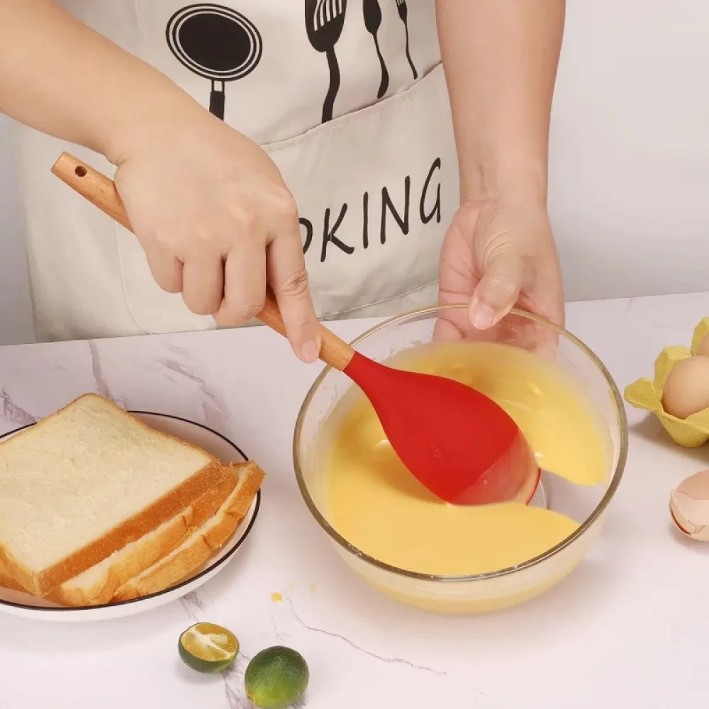 Wooden Handle Silicone Spatula, Food Grade Heat Resistant Silicone Cooking Spoon, Non-Stick Pan Safe Kitchen Utensil for Baking Stirring Frying