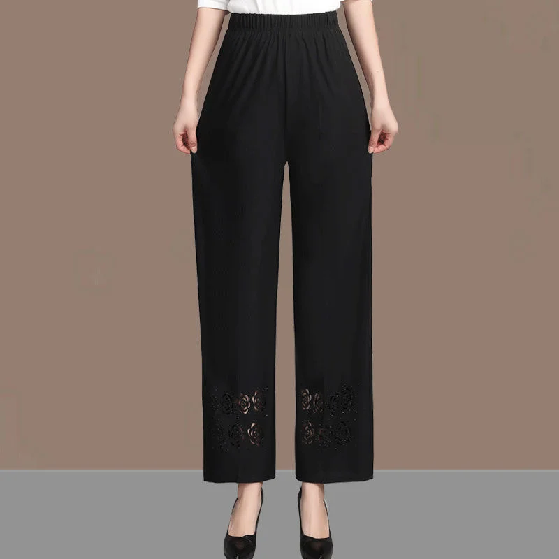 

Korean Fashion Straight Cropped Pants Casual Loose Mom Pants Middle-aged Women Summer Thin Hollow Out Pants Baggy Trousers 5XL