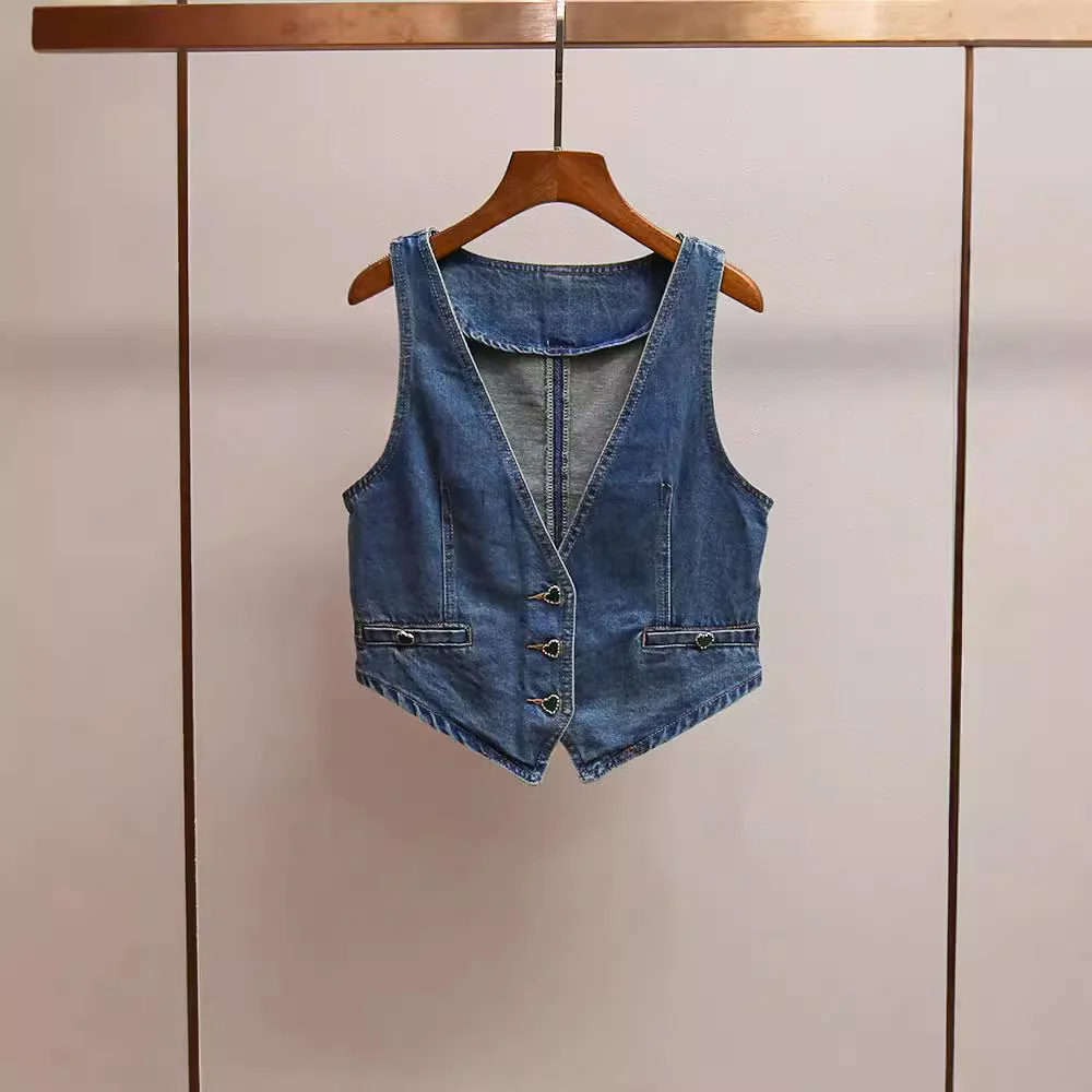 Baga Donna ort Gilet di jeans V-Ne Heart Bule Faionable Retro Blu Jaet Foderato in cotone Stagione autunnale Altro Sle