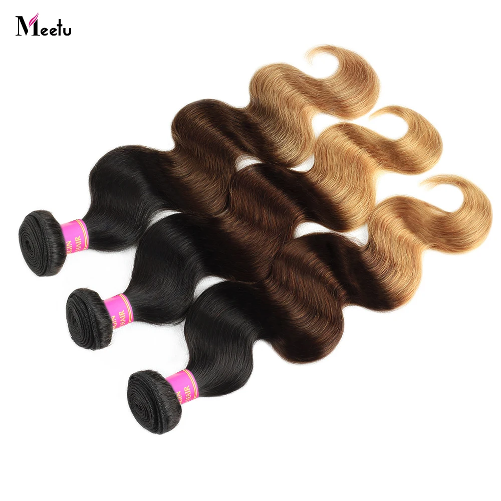 Meetu 1B 4 27 Brown Blonde Bundles Cabelo Humano Corpo Onda Feixes de Cabelo Humano Brasileiro Remy Cabelo Humano Weave Extensões 1/3/4 PCS