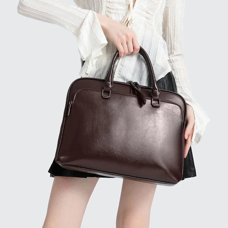 2024 Women's Briefcase with Large Capacity Cowhide Leather and Simple Design, Perfect for Commuting and Business Trips