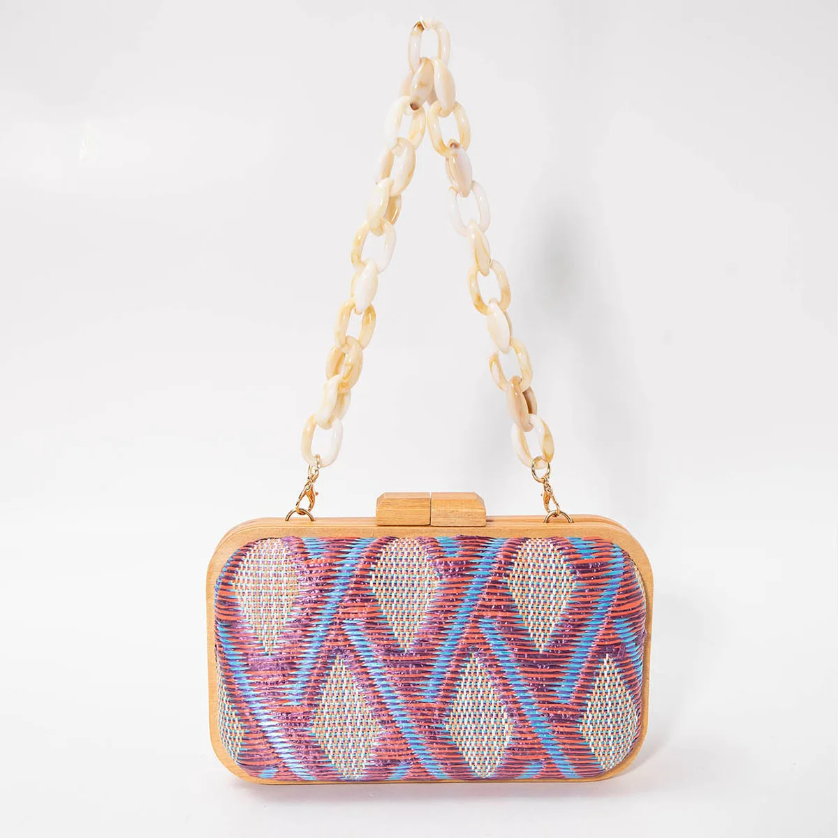 Fashion Wooden Clip Clutch Bag for Women Acrylic Chains Lady Shoulder Bags Geometric Patterns Handbags Summer Beach Party Purses view 6