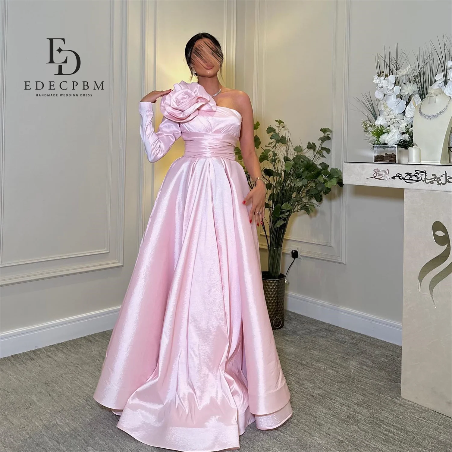 EDECPBM エレガントなパーティードレス 2025 イブニングドレス レディース プロムドレス ピンク サテン カスタムメイド ワンショルダー イブニングドレス