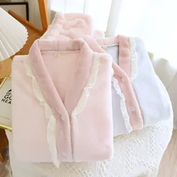 Winter Thickened New Flannel Pajamas Women's Warm Set Colored Lace Simple Coral Fur Home Long Sleeve Pants V-neck Female Pink