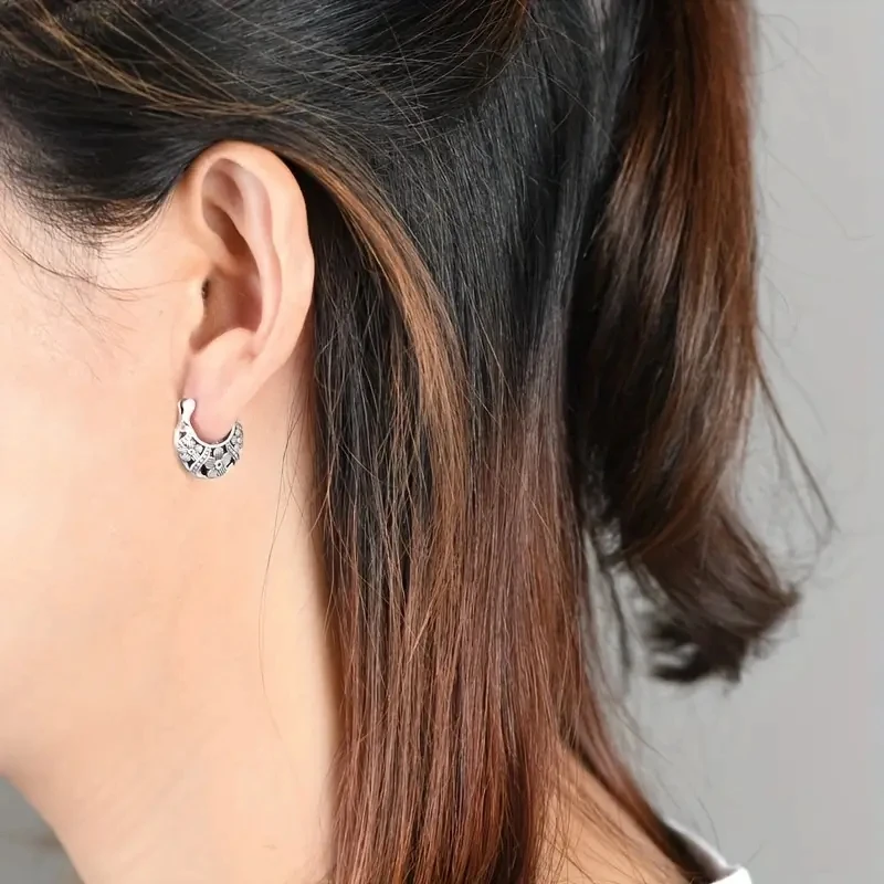 Silver Plated Hoop Earrings for Women, Silvery Flower Pattern, Retro Jewelry, Trendy, Exquisite