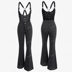 ROSEGAL Gothic Striped Printed Women's Jumpsuits Black O-Ring Crisscross Strappy Buckle Grommet Button Backless Pants Jumpsuit