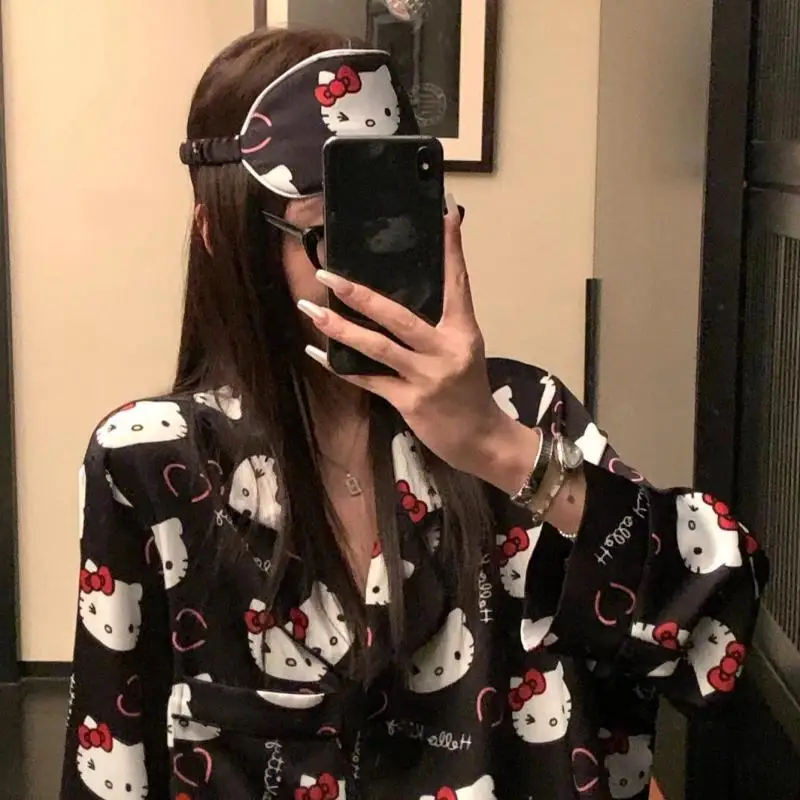 

Sanrio Hello Kitty, весенне-осенние пижамы для женщин, милый кардиган из чистого хлопка с героями мультфильмов, брюки с длинными рукавами, домашняя одежда