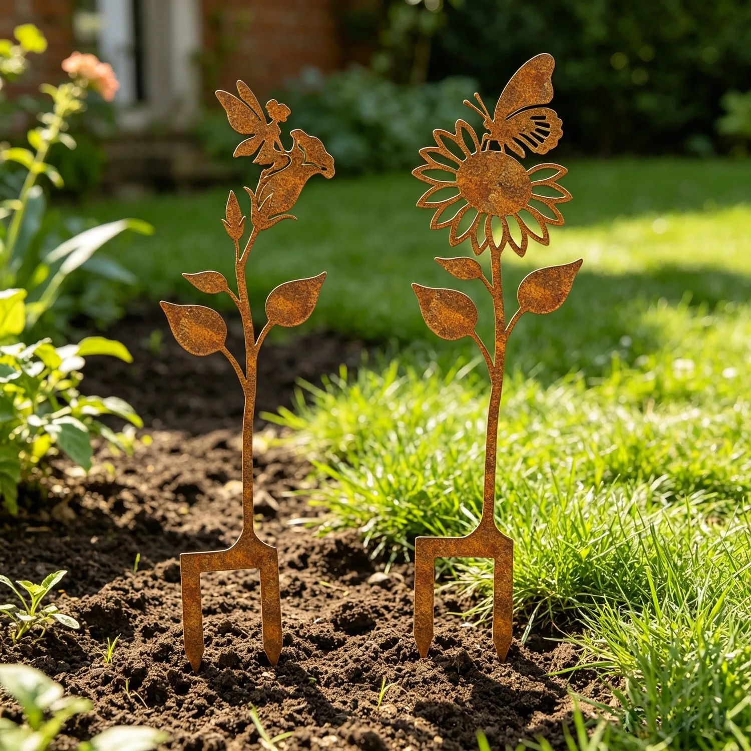 Rusty Metal Garden Stake, Butterfly Sunflower Silhouette Yard Art, Rustic Iron Ground Plug, Outdoor Lawn Patio Decor Ornament
