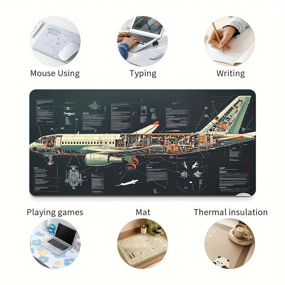 Airplane Cutaway Schematic Extended Mouse Pad Non-Slip Rubber Base Gaming Desk Mat for Aviation Enthusiasts
