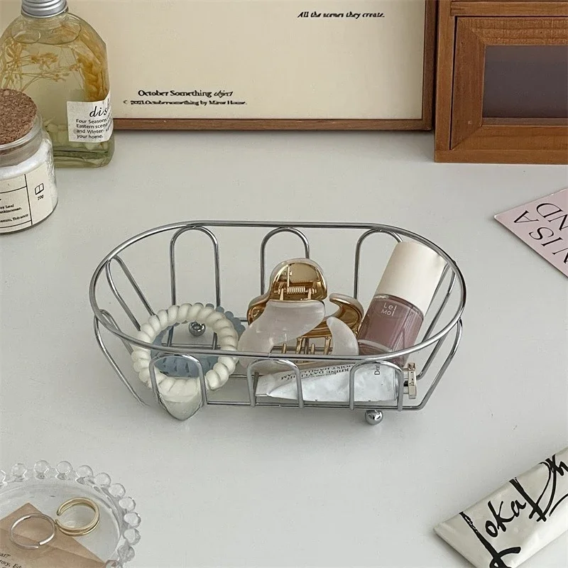 Minimalist Iron Metal Storage Basket | Ins Style Desktop Organizer for Jewelry Cosmetics Clutter Home Bedroom Vanity Bathroom