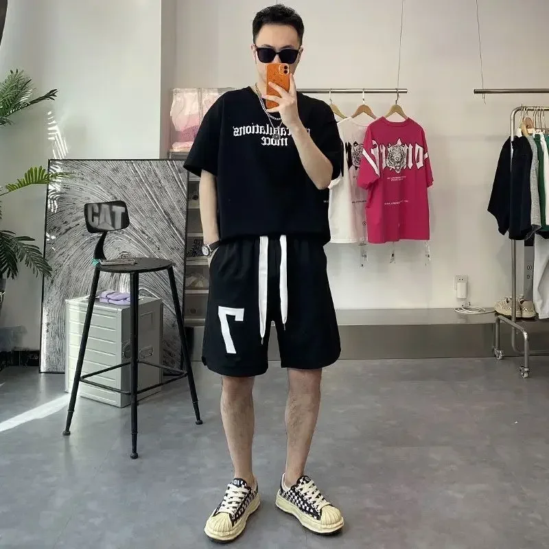 

Male T Shirt Short Sets Alphabet Jogging Jogger Gym Sportswear Men's Shorts Set Running Cool Trendy Two Piece Korean Style 2024