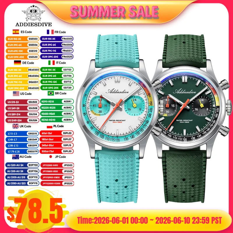 

ADDIESDIVE 2025 NEW TOP 38mm Men's VK64 Chronograph Watch AD2529 BGW9 Super Luminous FKM Strap 10Bar Waterproof Quartz Watches