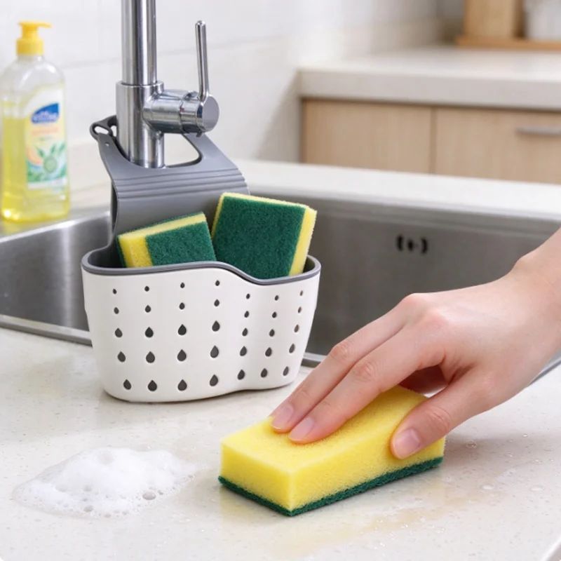 3-Piece Set (1 Adjustable Water Tray + 2 Cleaning Sponges) - Multi-Functional Kitchen Storage Rack, Sponge Cleaning Brush