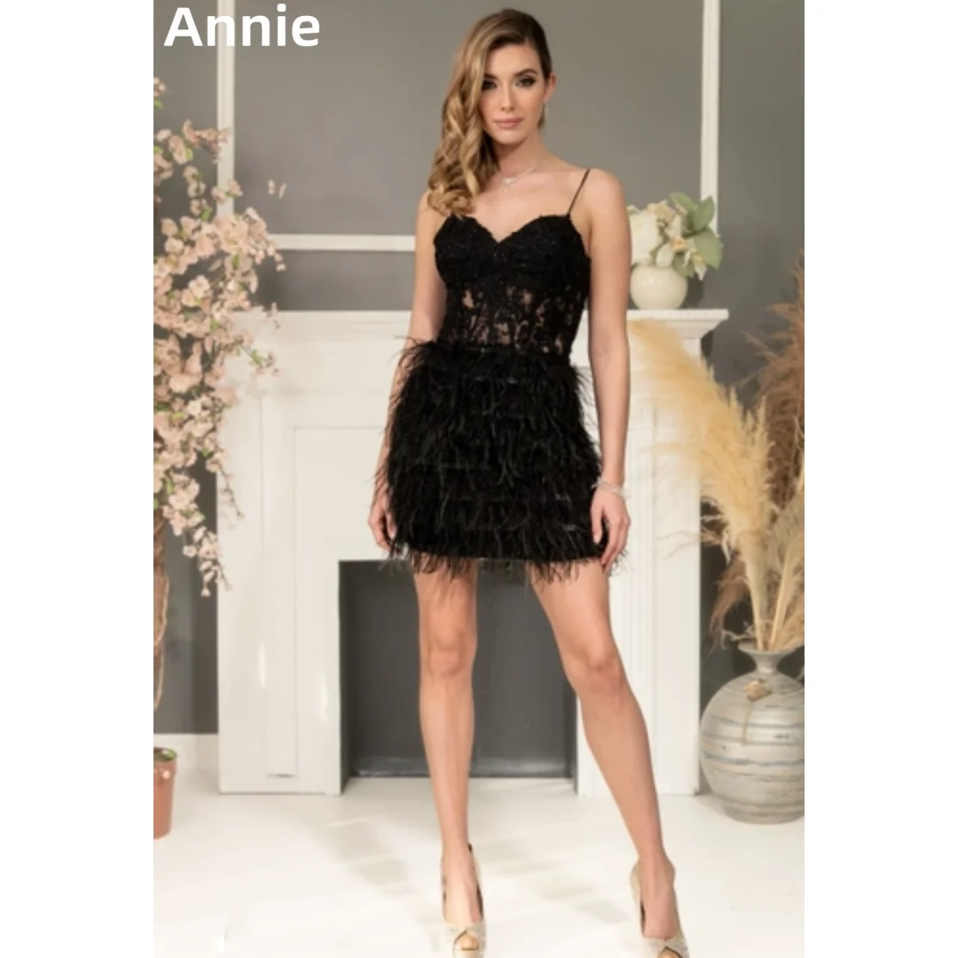 Annie Black Wedding Dress Feather Embroidery Luxury Prom Dresses Spaghetti Strap Coming Of Age Ceremony Bespoke Occasion Dresses