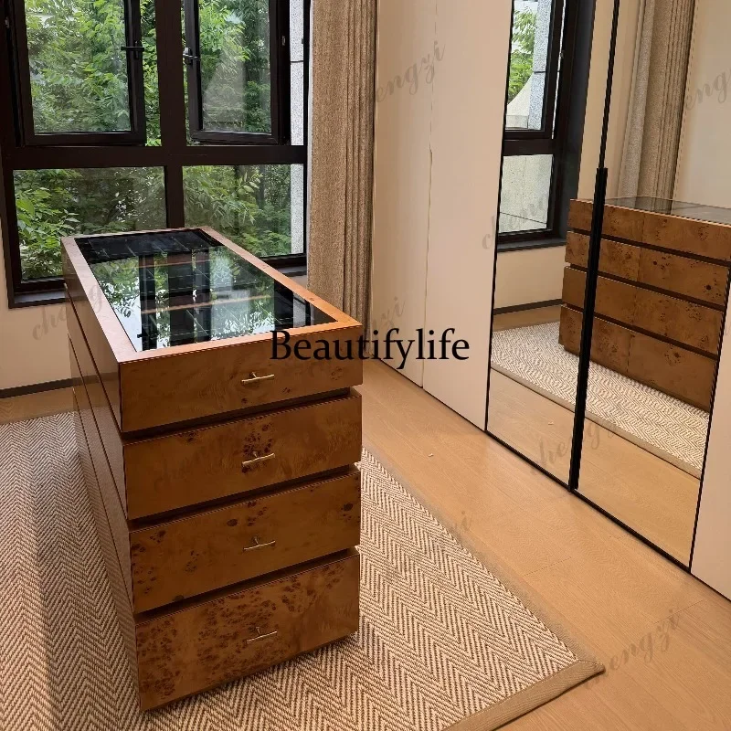 03 Medieval solid wood glass chest, simple multi-layer storage locker, log color, high-end pomegranate leather jewelry cabinet