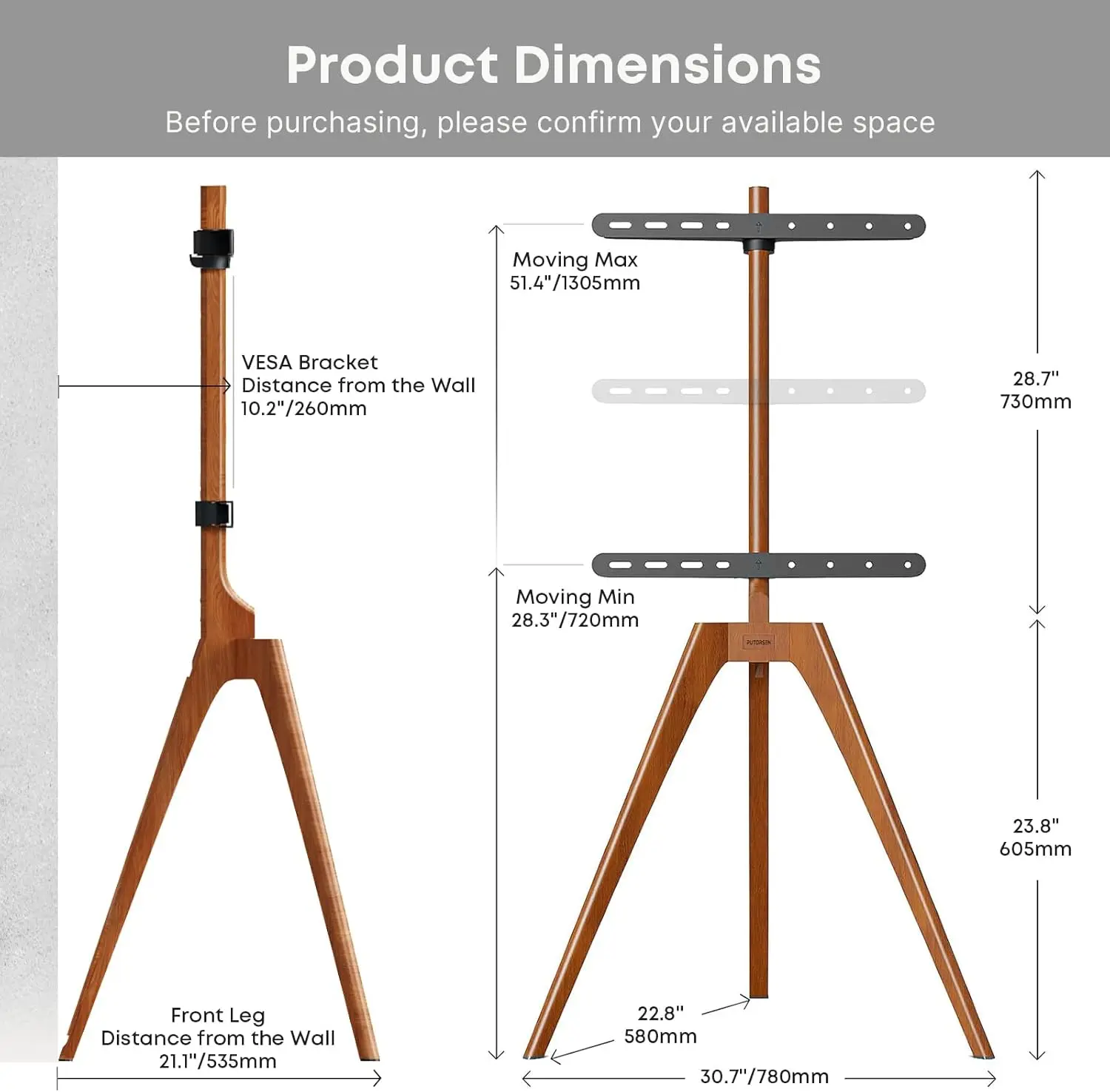 Wood Easel TV Stand, Adjustable Tripod Stand for 45-65 Inch TVs, with Top Shelf and Cable Management, Max Load 88lbs, Walnut - view 3