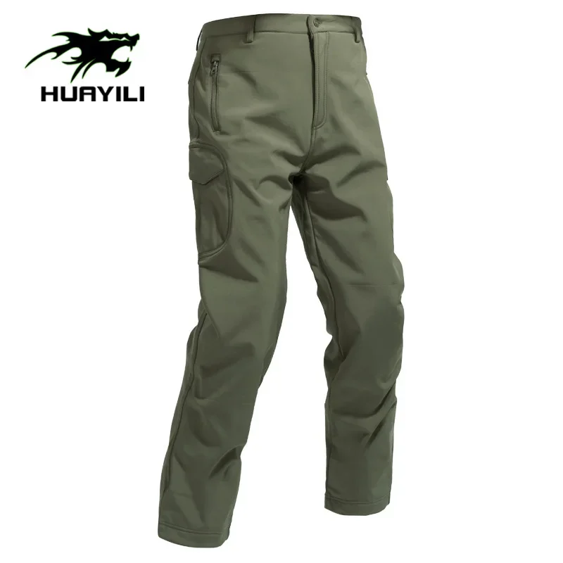 2025 New autumn and winter men's outdoor sports tactical pants, fleece soft shell waterproof camouflage assault pants