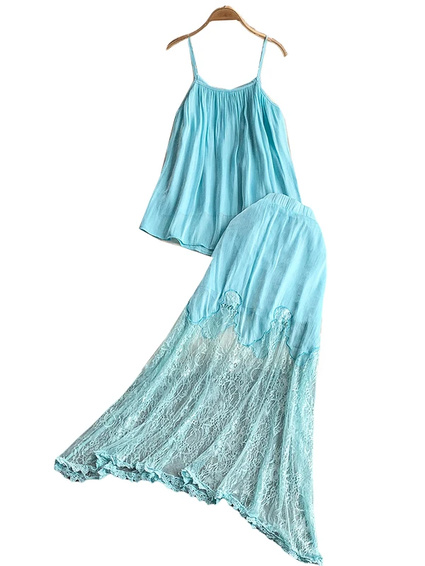 Blaues Spitzenbesatz-Top und hoch taillierter, schlankmachender langer Rock-Set, sexy Splice-Design, Urlaubsfaion, zweiteiliger Damenanzug