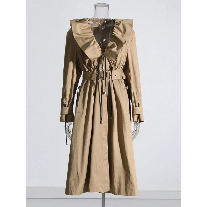 

Long Trench Dress 2025 Autumn Pleated Ruffles Belted V Neck Casual Drawstring Windbreaker Outwear For Women