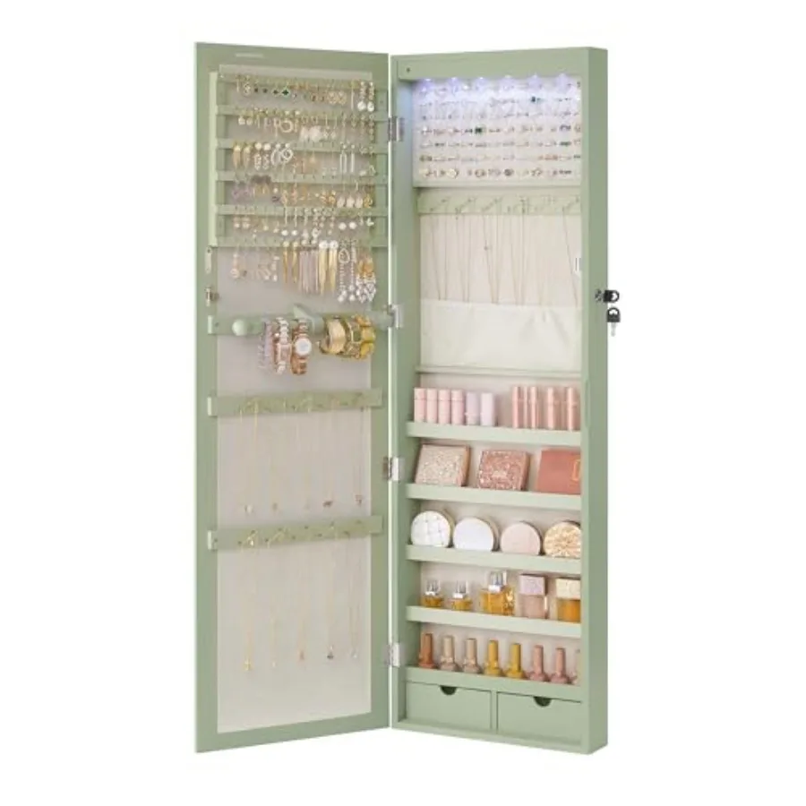 

6 LEDs Mirror Jewelry Cabinet 47.2-Inch Tall Lockable Wall or Door Mounted Jewelry Armoire Organizer with Mirror 2 Drawers 3.9