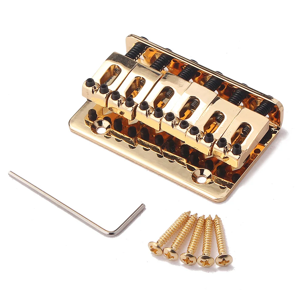 

65Mm 6 String Fixed Hard Tail Electric Guitar Bridge Solid Metal Build for Bass Or Jazz with 5 Screws Top Load Design Golden