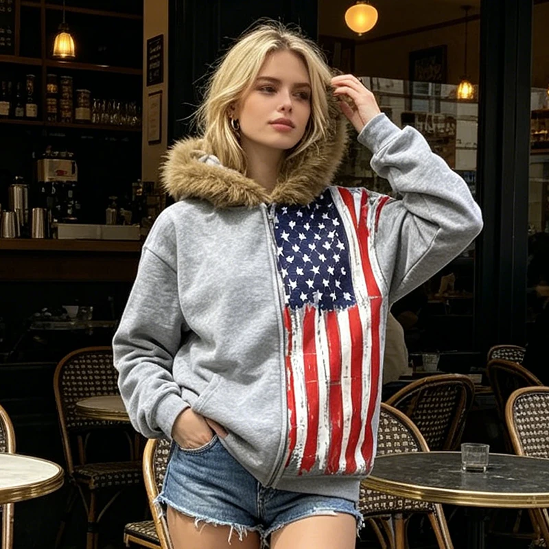 

American Vintage Old Flag Print Long Sleeve Loose Hoodie High Street Fashion Commuter Zipper Cardigan Women Plush Stitching Coat