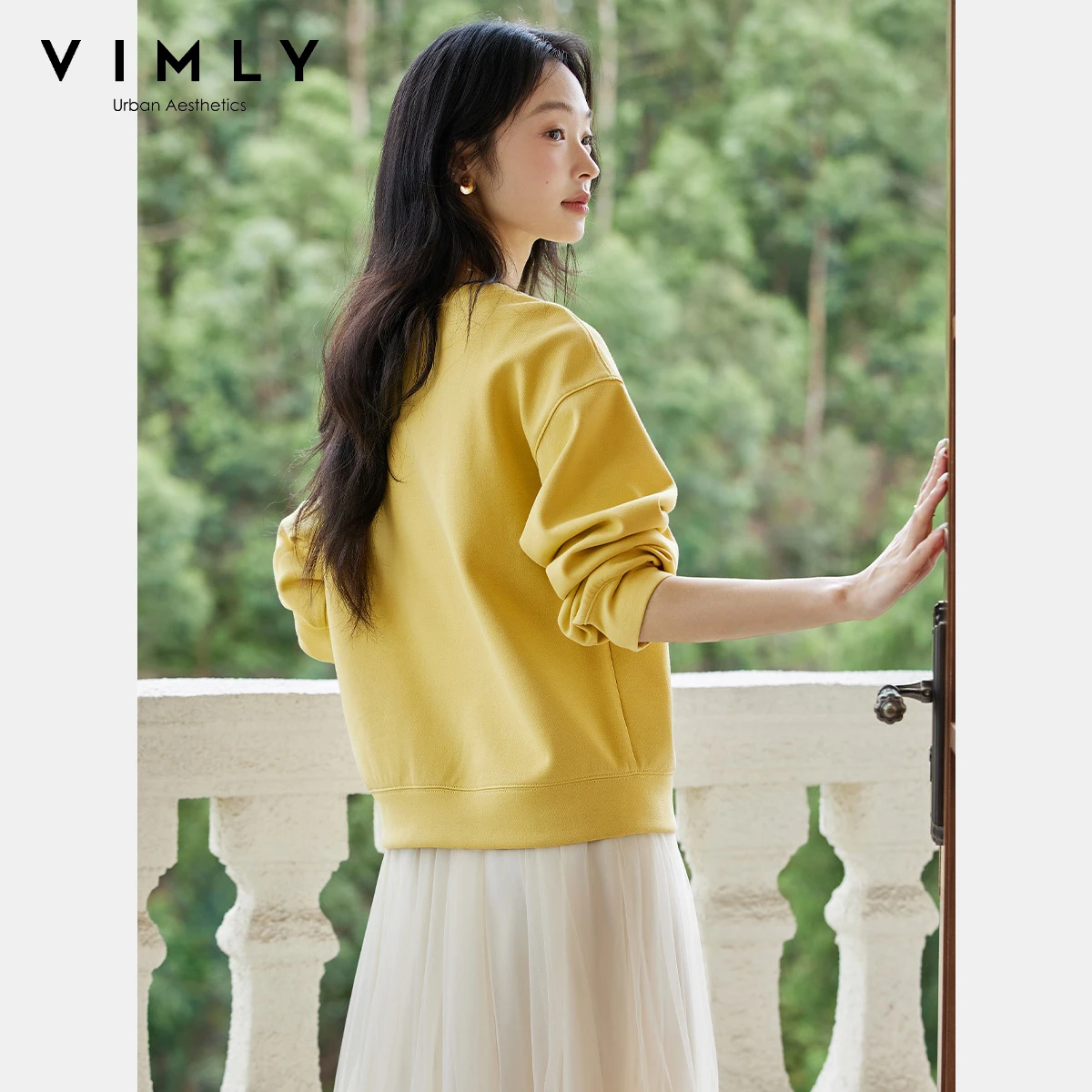 VIMLY Woman Sweatshirts Bead Embroider Round Neck Long Sleeve Ladies Tops Autumn 2025 Knitted Casual Sweatshirts Female A2171