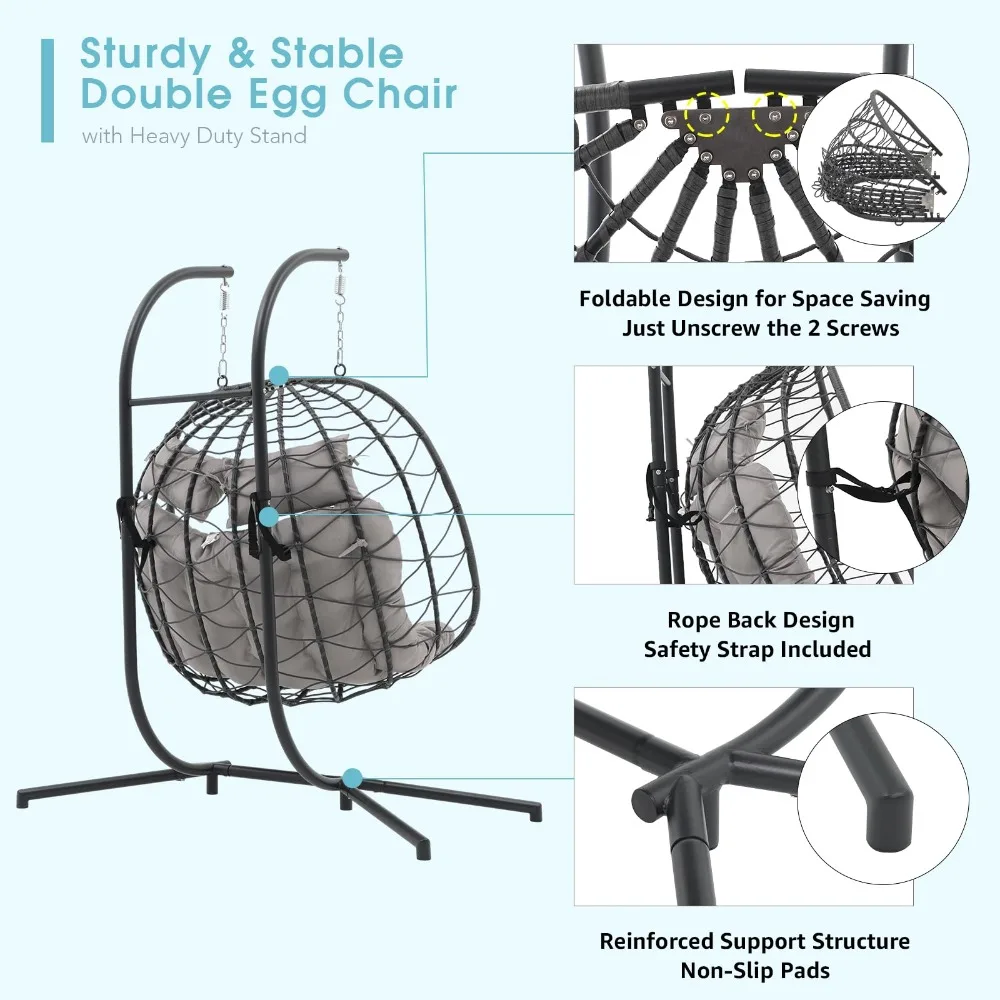 2 Person Double Egg Swing Chair with Stand Indoor Outdoor, Patio Wicker Rattan Hanging Egg Chair with Cushion, Pillow