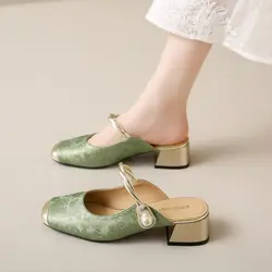 Dressy mary jane shoes women's mules green slip on mid heels woman chic patchwork slippers new summer strap heeled shallow mules