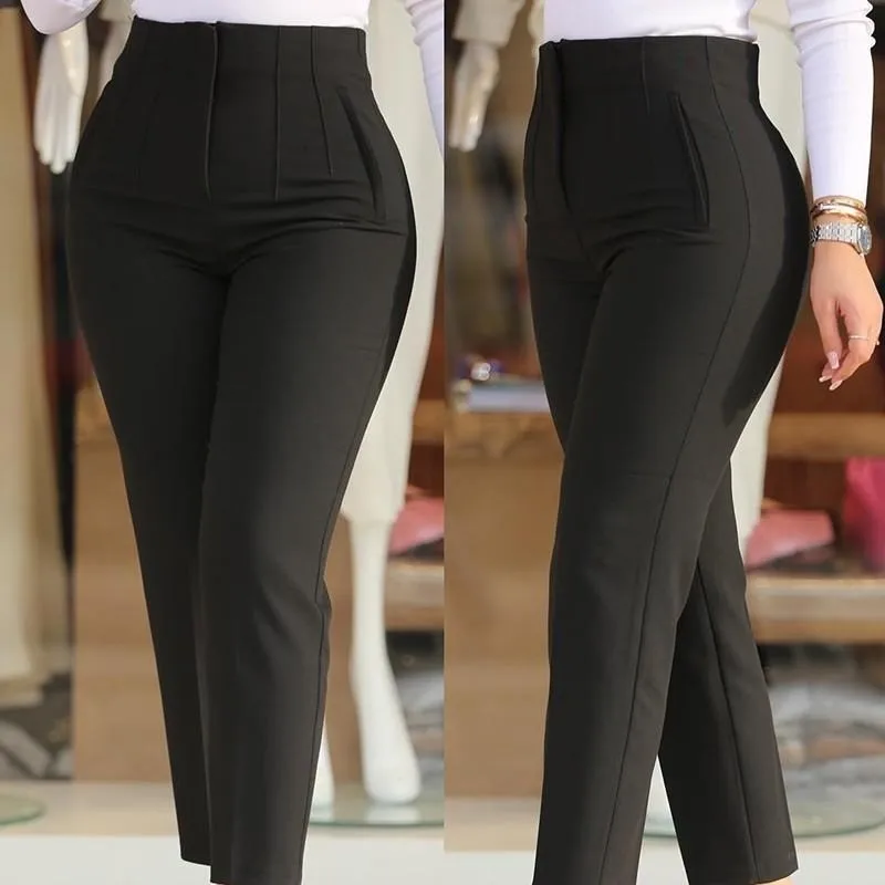 Women's Slim Solid Color Pleated All-Matched Suit Nine-Point Pants Fashion Casual Black Long Pant New 2024