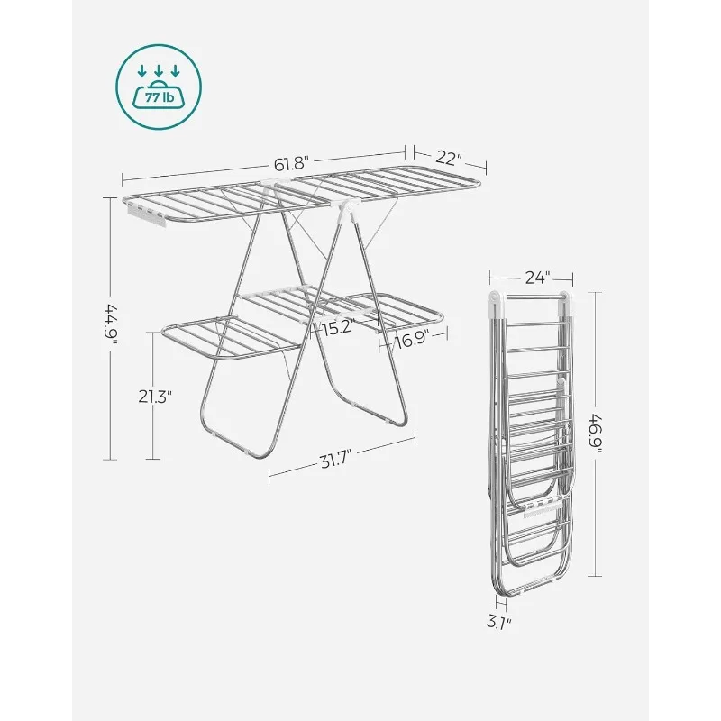 Clothes Drying Rack, Foldable 2-Level Laundry Drying Rack, Free-Standing Large Drying Rack, with Height-Adjustable Wings