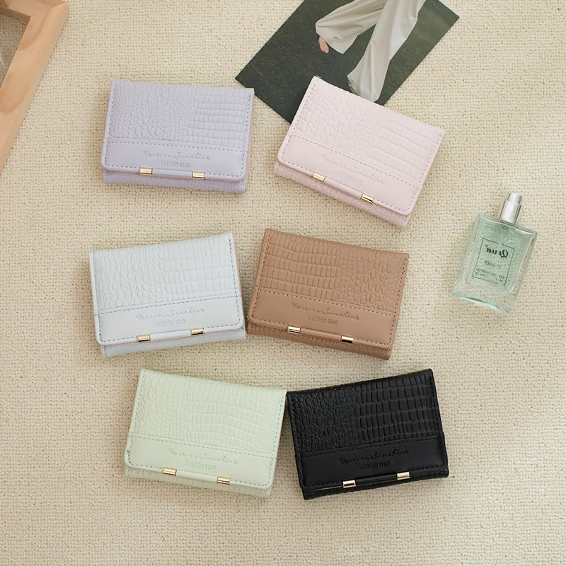 Women PU Leather Wallet Mini Card Holder Purse Retro Solid Business Card Case Metal Clasp Zipper Closure Pocket Bag Ladies Daily