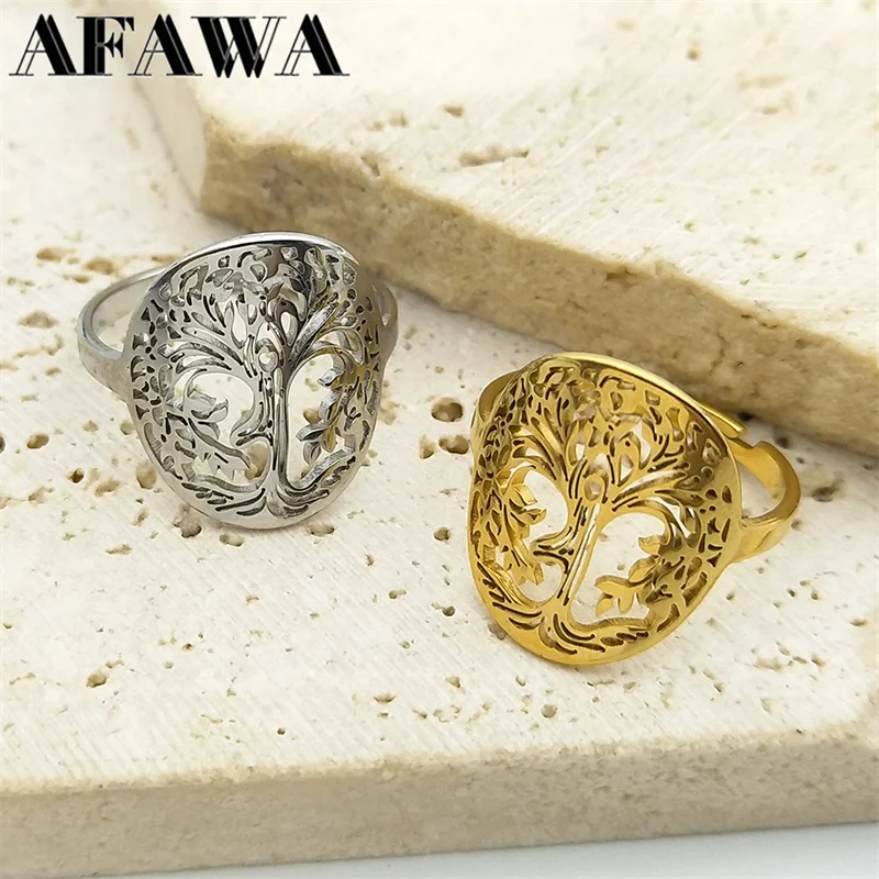 

Yoga Healing Tree of Life Ring for Women Men Stainless Steel Gold Color Balance Spiritual Adjustable Rings Jewelry R59S02