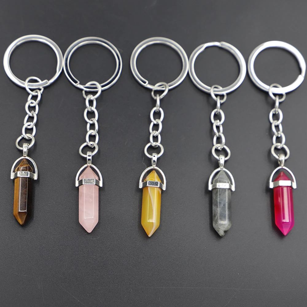 1Pc Trendy Hexagonal Column Shape Crystal Opal Natural Stone Pendant Keychain Accessories For Women Men Gift